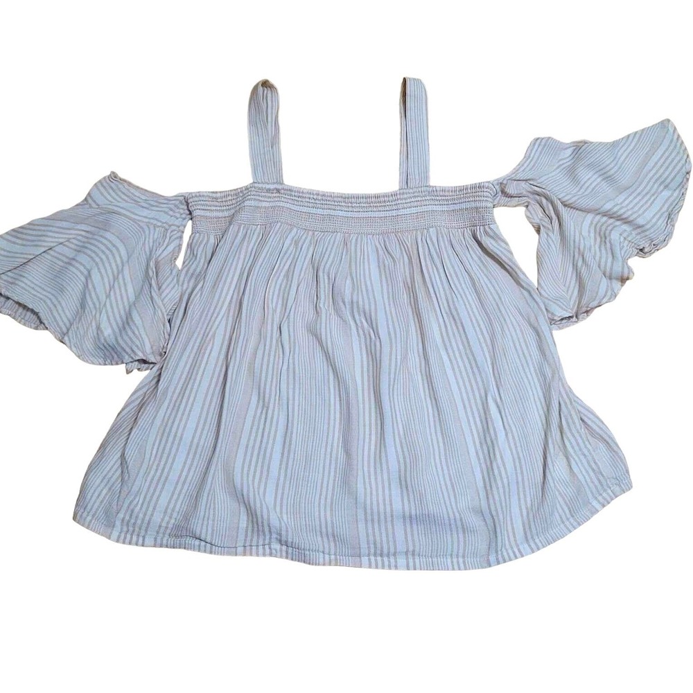 Jessica Simpson Maternity Top Cold Shoulder Babydoll Y2K Beige Striped Neutral M